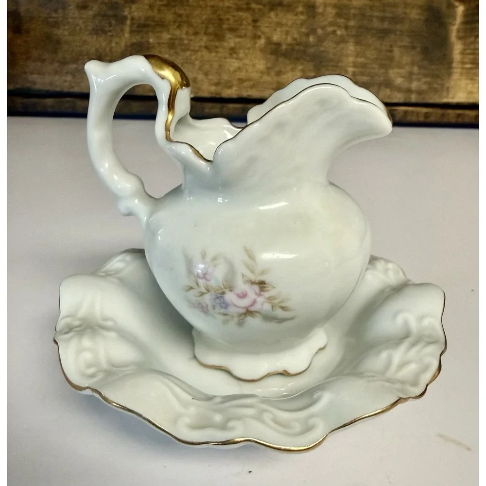 Vintage Lefton China Hand Painted Flowers #6843 Petite Pitcher & Wash Bowl